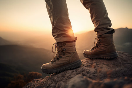 hiking boots on the peak of a mountain peak at sunrise or sunsetの素材
