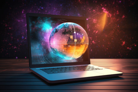 Laptop with planet earth in front of colorful background 3D renderingの素材