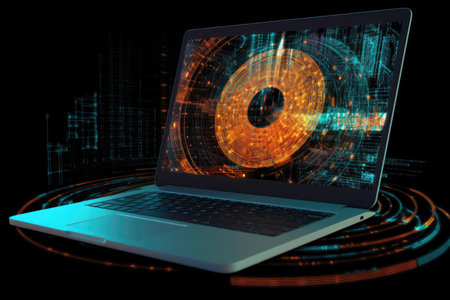 Laptop with eye icon in the screen, 3d illustration.の素材