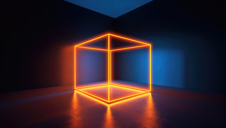 3d render, abstract background, empty room with neon lights, geometric shapeの素材
