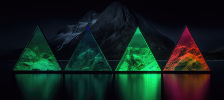 Futuristic triangle shape with mountains in the background. 3D renderingの素材