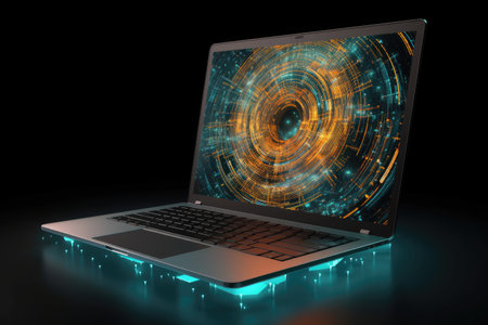 Laptop with glowing circle on black background. 3D rendering.の素材