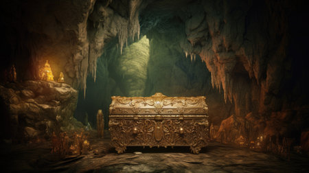 Ancient treasure chest in the cave. 3d rendering. Computer digital drawing.の素材