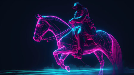 Illustration of a horse rider on a dark background with neon linesの素材