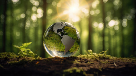 Glass globe on green forest background. Global business and ecology concept.の素材