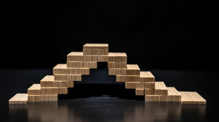 Wooden building blocks in the form of a pyramid on a black backgroundの素材