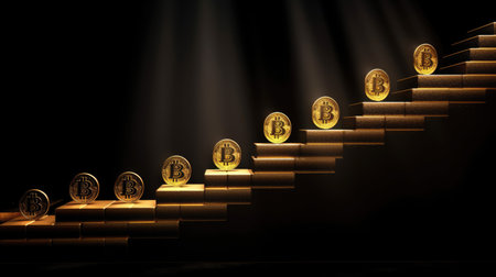 Golden stairs with bitcoins on black background, 3D rendering. Computer digital drawing.の素材