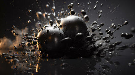 3d illustration of black and silver spheres with water splash on black backgroundの素材