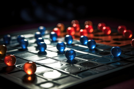 Close up of chess board with red and blue figures. Selective focus.の素材