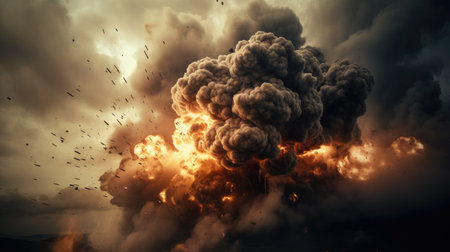 Big explosion with smoke in the sky. 3d render illustration.の素材