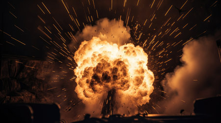 Close-up of the explosion of a bomb with sparks and smokeの素材