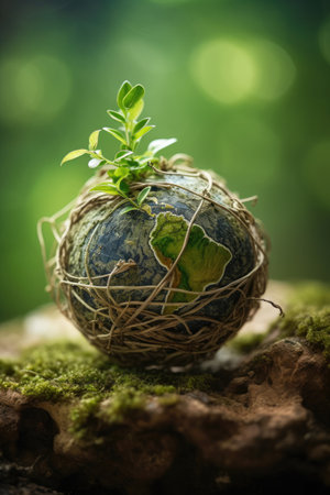 Photo for Eco concept with globe in nest and green grass on wooden background - Royalty Free Image