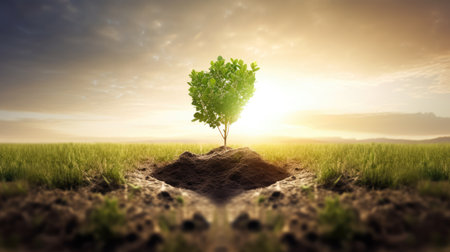 Conceptual image of green tree growing out of soil at sunsetの素材