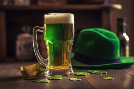Green beer in a glass, green leprechaun hat, horseshoe on a wooden tableの素材