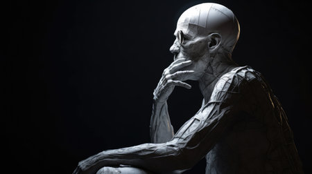 Humanoid robot sitting on the floor and thinking, 3d illustrationの素材