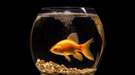 Goldfish in a glass aquarium on a black background. Small depth of field.の素材
