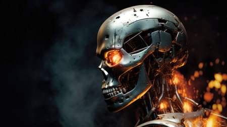 Cyborg with burning skull on dark background. 3d rendering.の素材