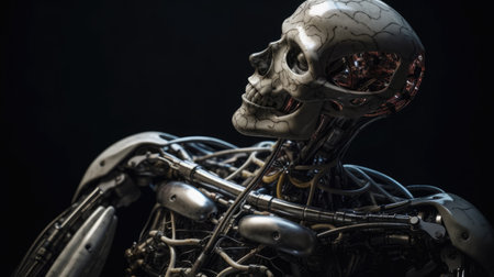 3D rendering of a male robot with a skull in the backgroundの素材