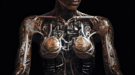 Digital composite of highlighted human body in skeleton against black background with vignetteの素材