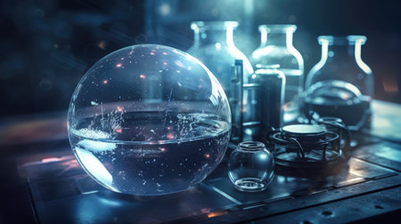 Laboratory glassware containing chemical liquid, science research concept. 3D renderingの素材