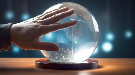 Close up of businessman hand holding crystal ball with planet earth. 3D renderingの素材
