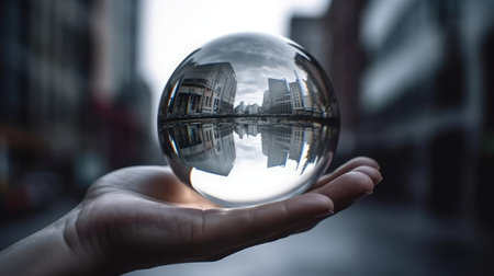 Close up of human hand holding glass ball with cityscape in backgroundの素材