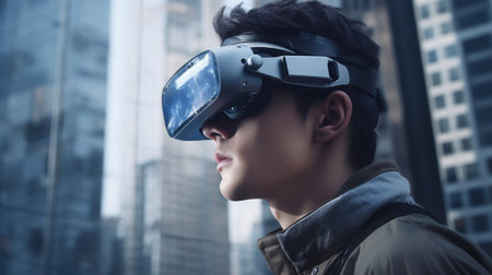 Young man using virtual reality headset against skyscrapers in the cityの素材