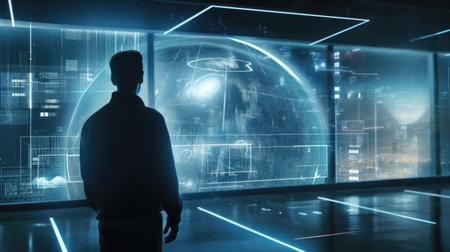 Back view of businessman looking at digital hologram. 3d renderingの素材