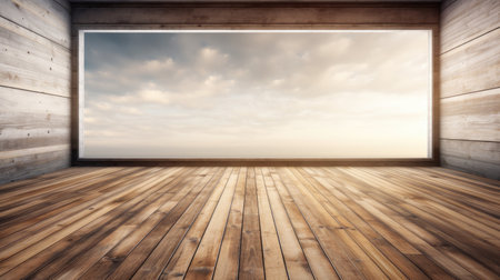Empty room with wooden floor and sky background. 3D Renderingの素材