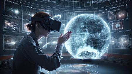 Young woman wearing virtual reality goggles against hologram screen 3D renderingの素材