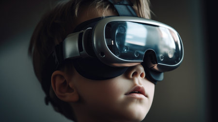 Little boy in virtual reality goggles. Future technology and innovation concept.の素材