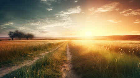 Country road in the field at sunset time. Beautiful nature background.の素材