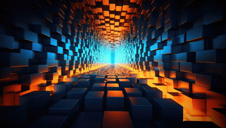 3d rendering of abstract technology digital background with glowing cubes in spaceの素材
