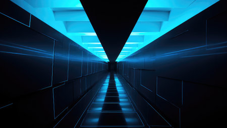 Futuristic corridor with glowing lights. 3d rendering toned imageの素材