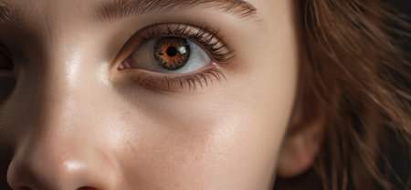 Close up of beautiful woman's eye with long eyelashes. Portrait of a young girl with brown eyes.の素材