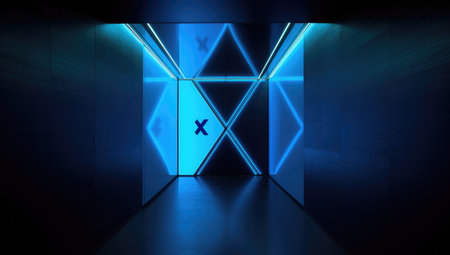 3D rendering of an abstract background with neon lights and a blue doorの素材