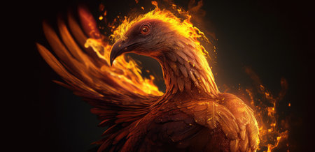 Golden eagle on fire background. 3d illustration. Fire concept.の素材