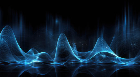 Blue sound waves on black background. Abstract blue waveform with copy spaceの素材