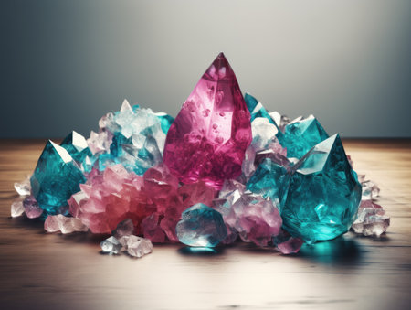 Crystal gems on a wooden table, vintage style, shallow depth of fieldの素材