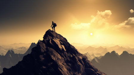 Hiker on top of the mountain. 3D Rendering.の素材