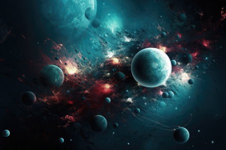 Abstract space background with planets, stars and nebula. Fractal art for creative graphic designの素材