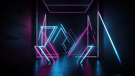 Abstract dark futuristic corridor with glowing neon lights. 3D Renderingの素材
