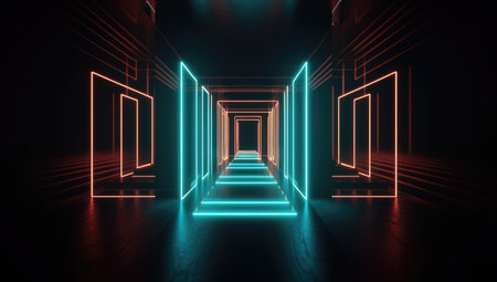 3D abstract background with neon lights. neon tunnel.space construction. 3d illustrationの素材