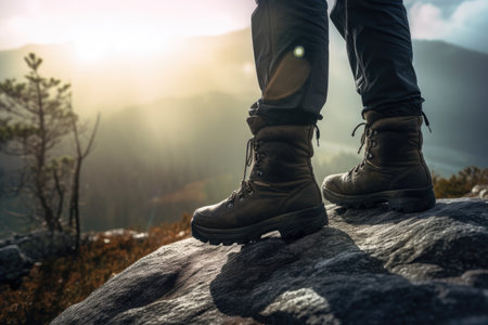 Hiking boots on the peak of a mountain in the autumn.の素材