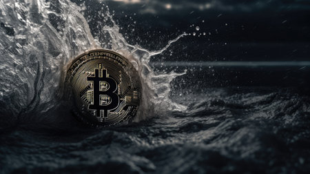 Bitcoin with water splash on dark background. Cryptocurrency concept.の素材