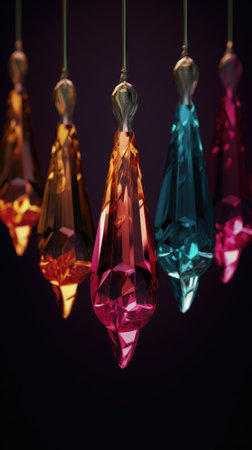 Colorful crystal chandelier hanging on dark background. Close up.の素材