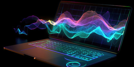 Laptop with a glowing graph on the screen. 3D renderingの素材