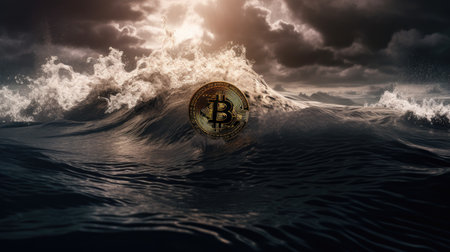 Bitcoin in ocean. Cryptocurrency concept. 3D illustration.の素材