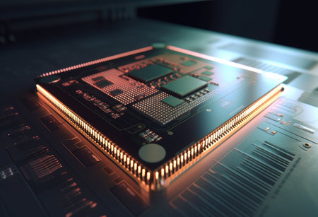 Close-up of a computer chip. 3D rendering. Technology background.の素材
