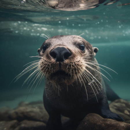 Portrait of a sea lion in the water. Underwater photo.の素材